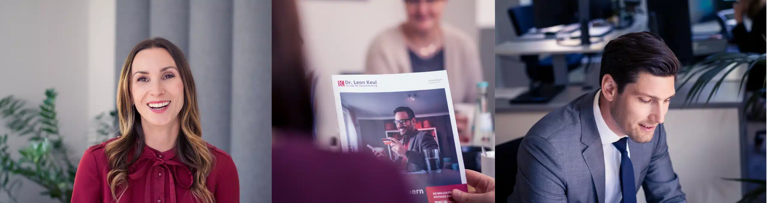 Collage aus 3 Bildern. Links eine freundliche Stuerberaterin, in der Mitte ein Magazin für die Steuerberatung, rechts ein Foto vom Inhaber Dr. Leon Keul